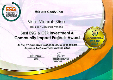 非凡起点1155资源所属比基塔矿业荣获津巴布韦最佳企业社会投资和社区影响项目奖